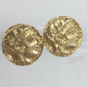 * Vintage Hobe coin greek roman gold tone clip on earrings